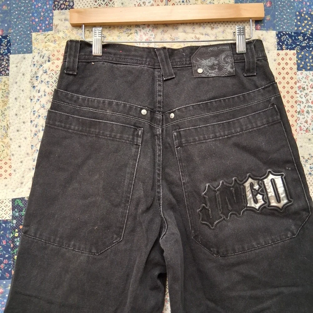 y2k Jnco Black Denim‎ Jeans Size 29x30 Gothic Spellout Double Back Pockets Wide
